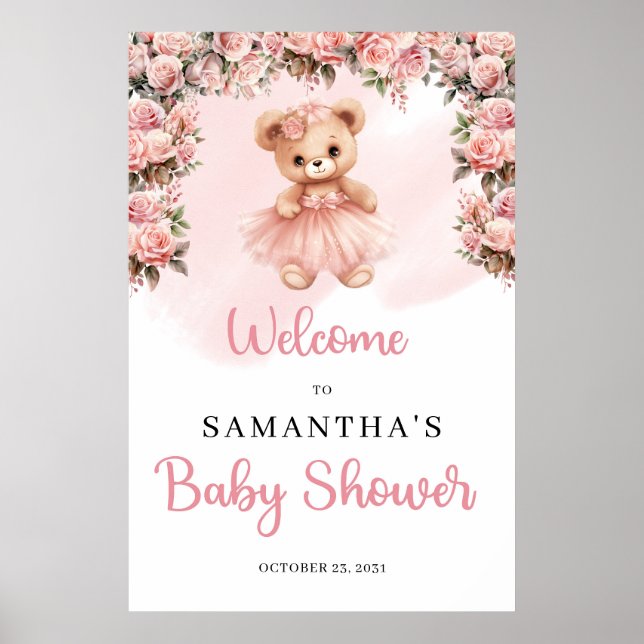 Poster Pastel rose Tutu ballerina fille ours en peluche B (Devant)