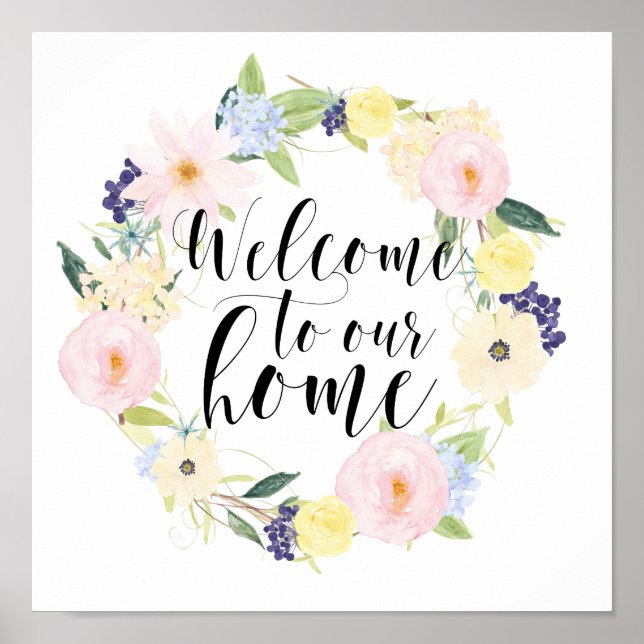 Poster Pastel Spring Floral Wreath Bienvenue Dans Notre M (Devant)