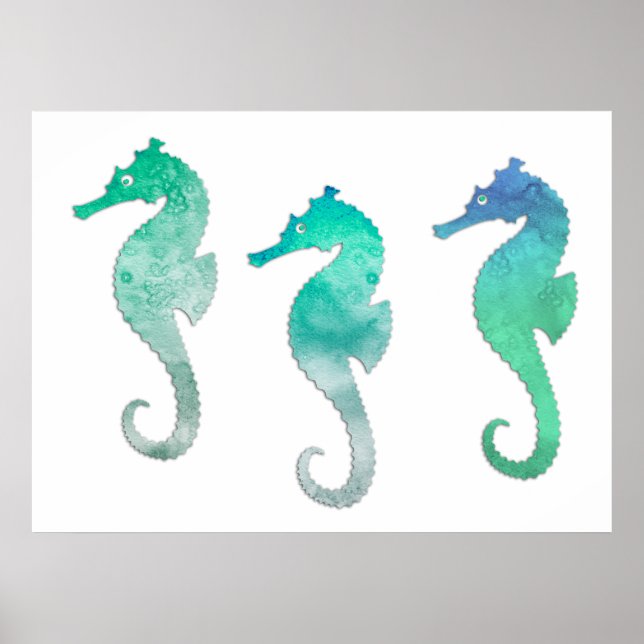 Poster Pastel Vert Aquarelle Hippocampes (Devant)