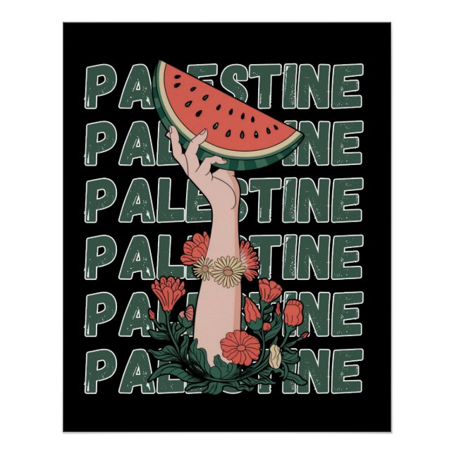 Poster pastèque, fleurs et texte Palestine Répéter  (Devant)