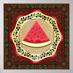 Poster pastèque sur plaque d'olive avec tatreez palestini