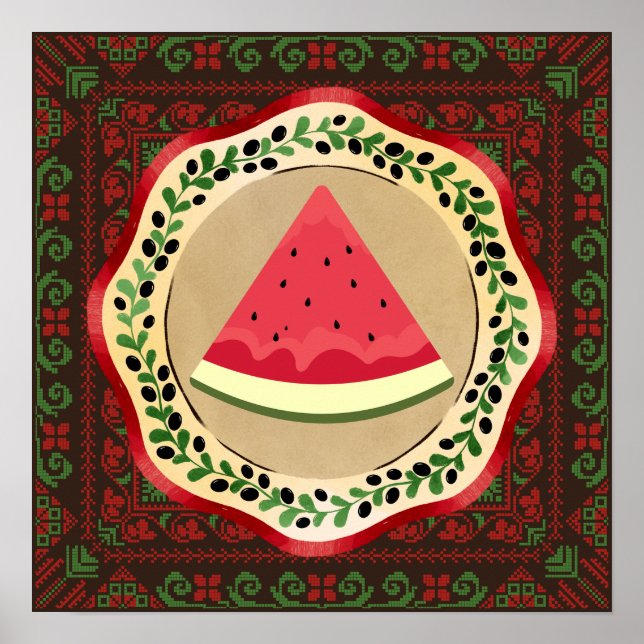 Poster pastèque sur plaque d'olive avec tatreez palestini (Devant)