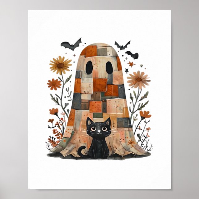 Poster Patchwork Halloween Fantôme et chat, Retro Éffraya (Devant)
