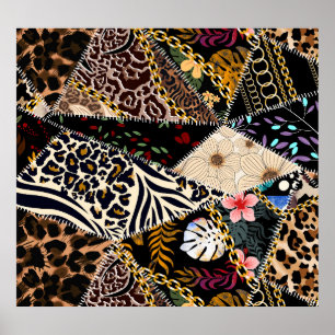 Poster Patchwork Leopard : Ethnic Lining Design.