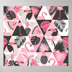 Poster Patchwork Tropical : Flamant rose Watermelon Seaml