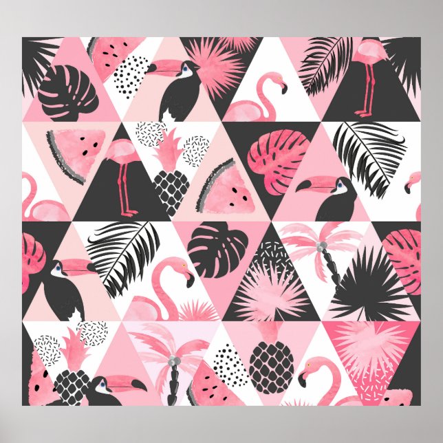 Poster Patchwork Tropical : Flamant rose Watermelon Seaml (Devant)