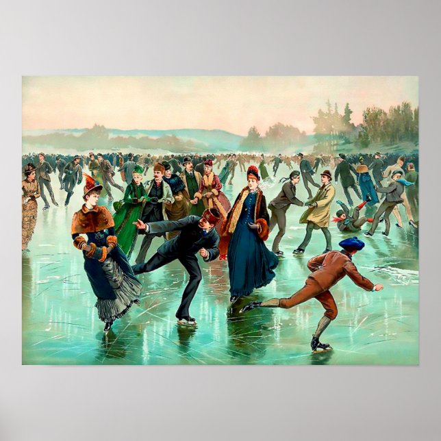 Poster Patinage sur glace victorien scène hivernale vinta (Devant)