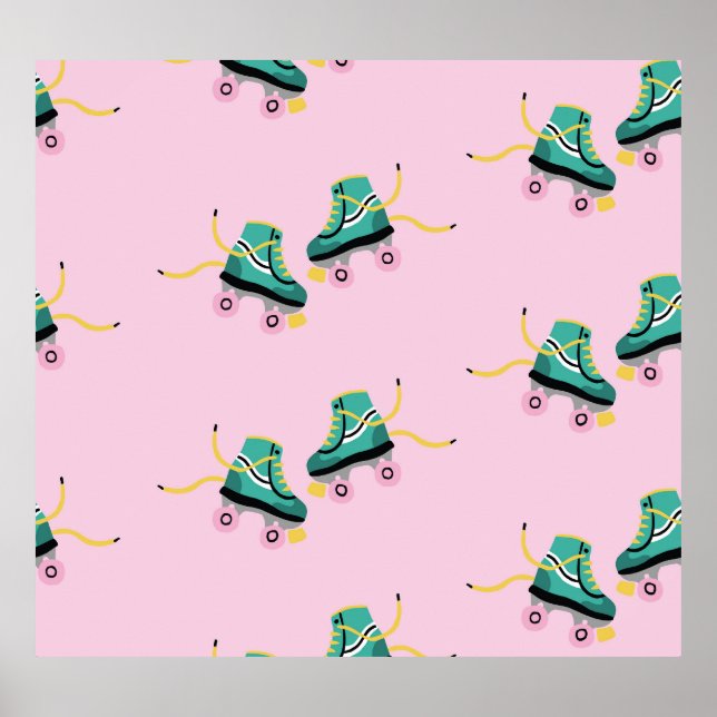 Poster Patins à rouleaux rétrogrades : motif rose. (Devant)