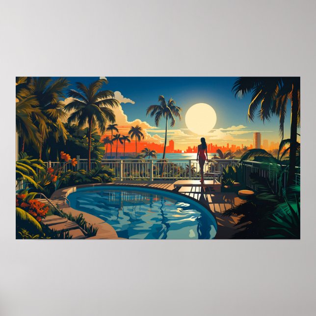 Poster patio piscine au soleil surplombant Miami Beach (Devant)