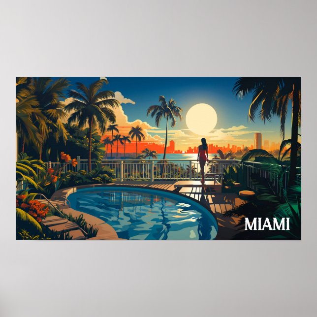Poster patio piscine au soleil surplombant Miami Beach (Devant)