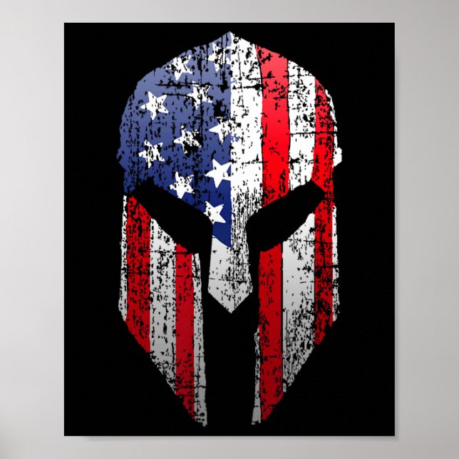Poster Patriotic American Spartan Warrior Usa Flag Helmet (Devant)