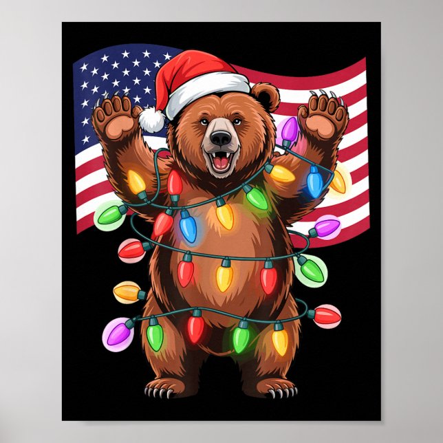 Poster Patriotic Christmas Grizzly Bear Holiday Light San (Devant)