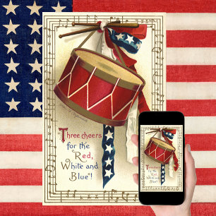 Poster Patriotique Vintage, Tambours avec Notes de Musiqu