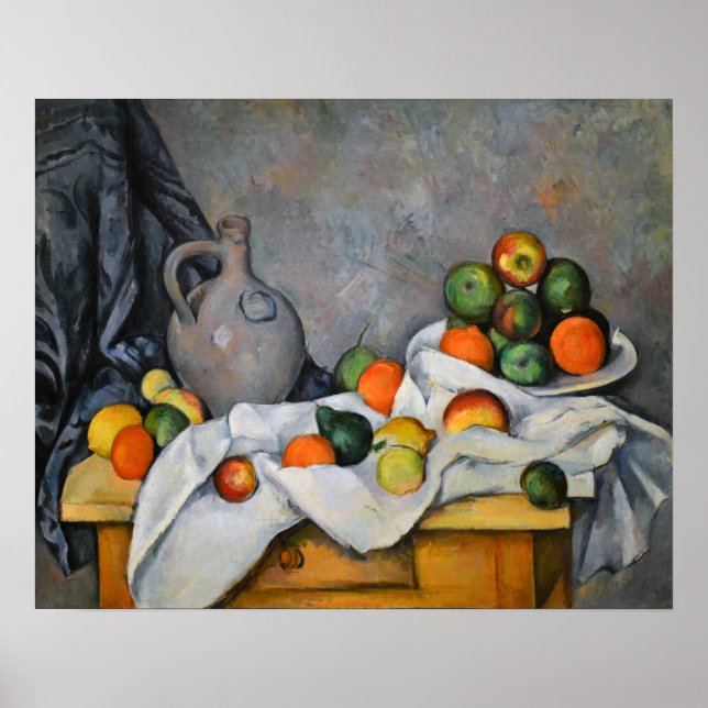 Poster Paul Cezanne - Rideau, bol de jug et de fruits (Devant)