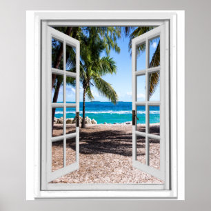 Poster Paumes tropicales sur la fenêtre de Faux de vue