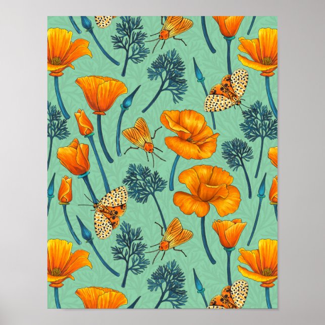 Poster Pavot et papillons de nuit de Californie sur jade (Devant)