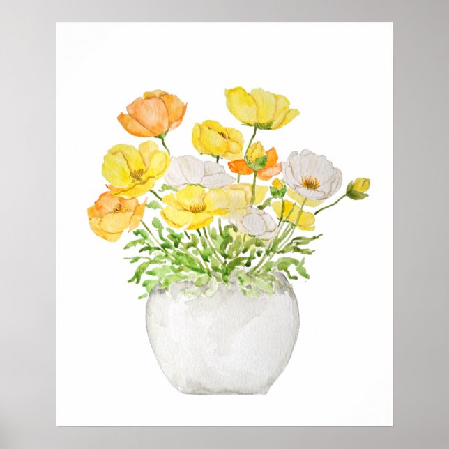 Poster pavot jaune orange et blanc en pot (Devant)