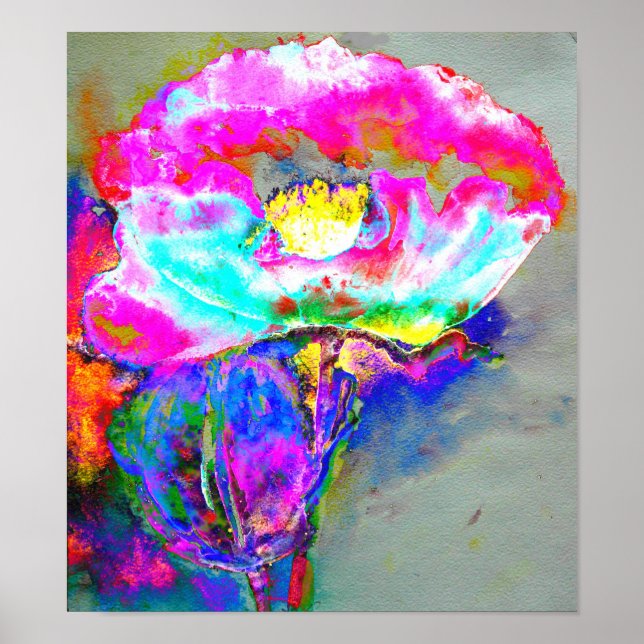 Poster Pavot rose, aquarelle peinture florale (Devant)