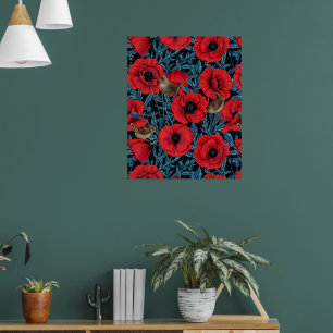 Poster Pavot rouge et brunes, feuilles bleus sur noir