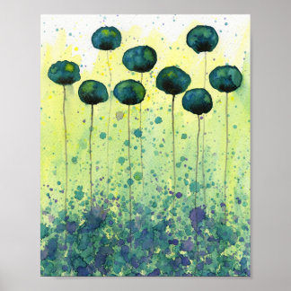 Poster Pavots sarcelle et chartreuse, Fleurs à l'aquarell