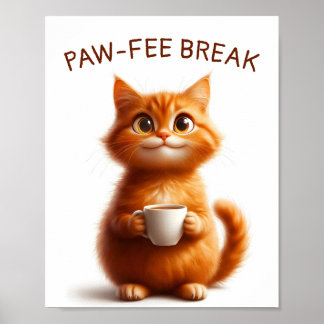 Poster Pawfee Break Funny Ginger Cat with Coffee
