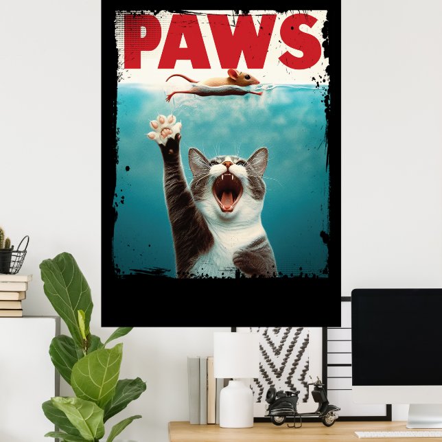 Poster PAWS Chat Souris Parodie De L'Affiche De Film Jaws (Bureau à domicile)