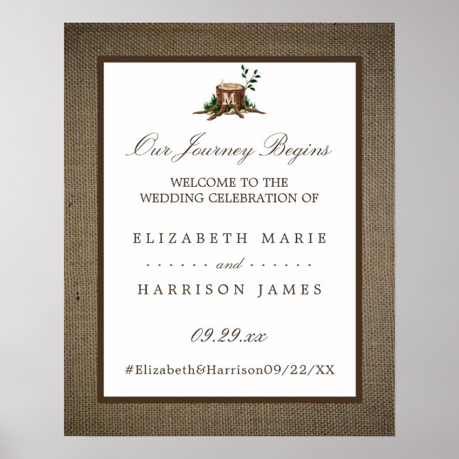 Poster Pays Monogramme Arbre Burlap Mariage Bienvenue (Devant)