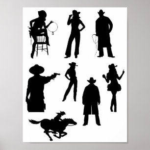 Poster Pays western cowboys cowgirls silhouettes rodéo