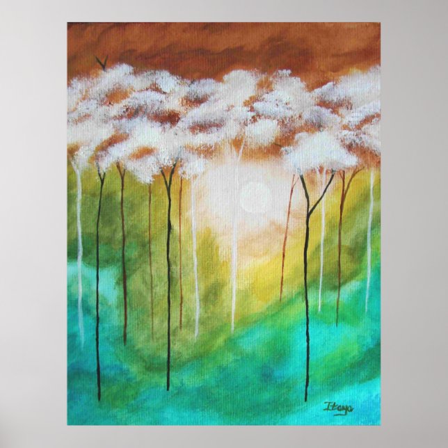Poster Paysage Abstrait, Arbres maigres, Turquoise, Or (Devant)