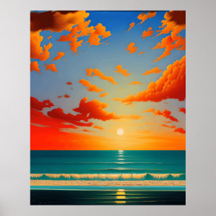 Poster Paysage Abstrait avec coucher de soleil bleu orang