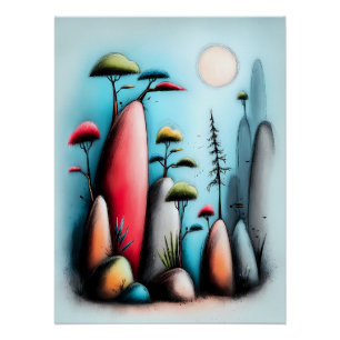 Poster Paysage abstrait avec des arbres et la lune