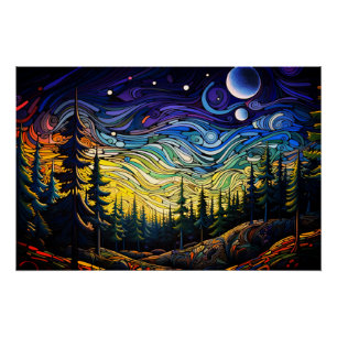 Poster Paysage Abstrait Colorful Forest Tree Sunset