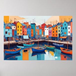 Poster Paysage Abstrait Village Port Arrière - plan Art