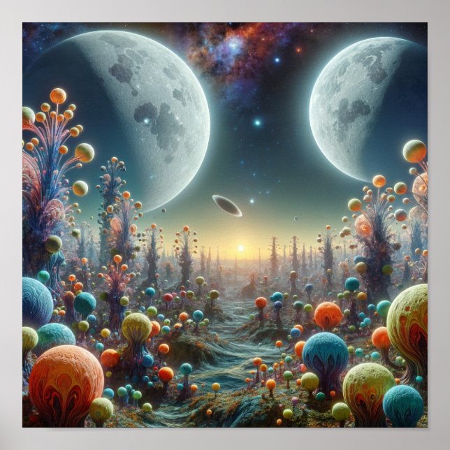 Poster Paysage Alien avec lunes jumelles (Devant)