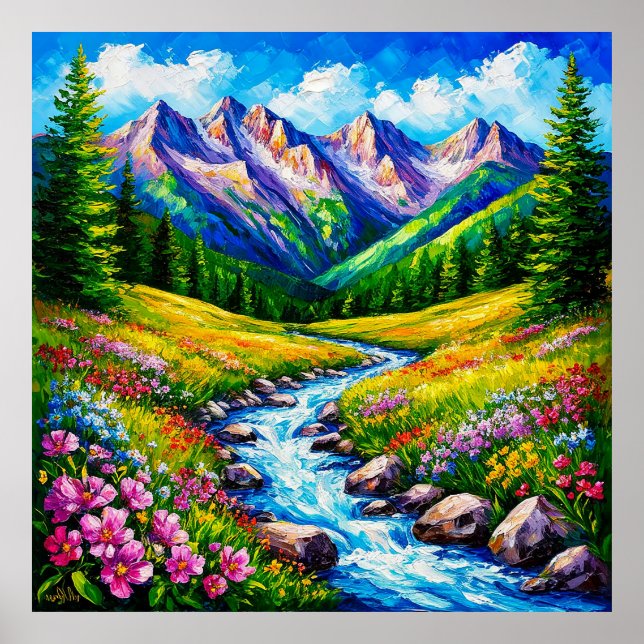 Poster Paysage alpin avec Fleurs sauvages florissants (Devant)