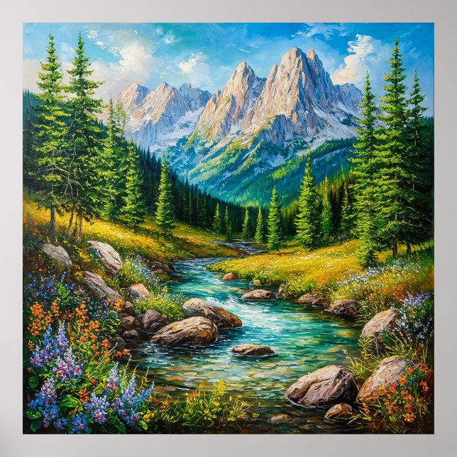 Poster Paysage alpin vif avec Fleurs sauvages florissants (Devant)