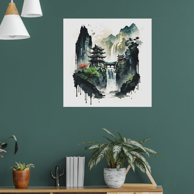 Poster Paysage antique de l'encre chinoise avec cascade (Salon 1)
