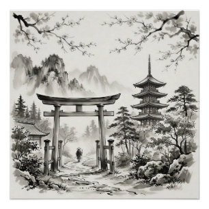 Poster Paysage au lavis d'encre de Kyoto Japon