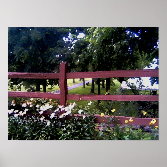 Poster Paysage avec clôture et fleurs (Devant)