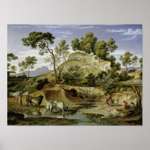 Poster Paysage avec des bergers et des vaches