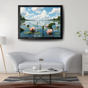 Poster Paysage avec fleurs d'eau rose et ciel nuageux