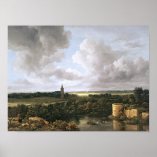 Poster Paysage avec le château et l'église ruinés