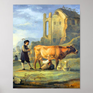 Poster Paysage avec une jeune fille traçant une vache par