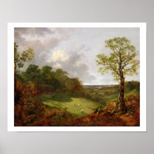 Poster Paysage boisé avec un cottage, des moutons et un