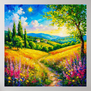 Poster Paysage Campagnard Avec Fleurs