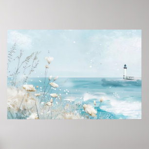 Poster Paysage côtier de style aquarelle avec phare
