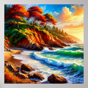 Poster Paysage côtier vibrant avec des rivages rocheux