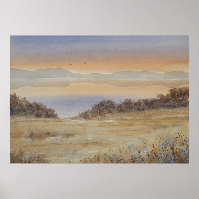 Poster Paysage d'aquarelle bleu du lac Dusk Imprimer (Devant)