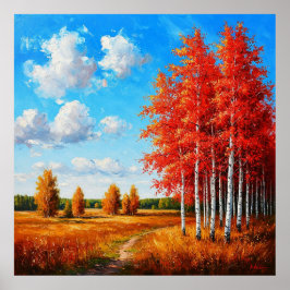 Poster Paysage d'automne vivace avec des arbres rouges et