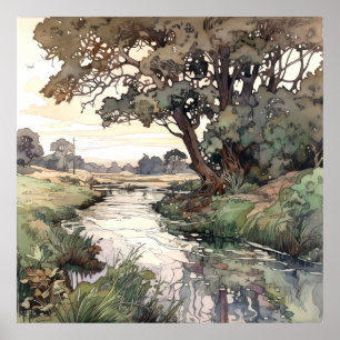 Poster Paysage de campagne aquarelle